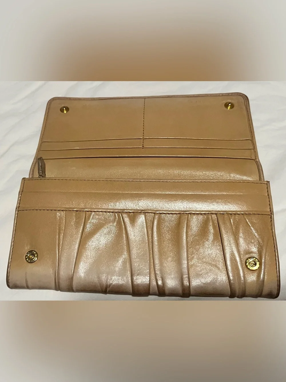 Prada Metallic Beige Ruched Leather Wallet with Gold Logo